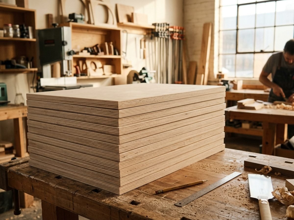 Stacked Baltic Birch Wood Sheets in Workshop